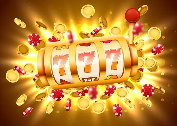 Gouden slotmachine met vliegende gouden munten wint de jackpot. Ruime zege concept. — Stockvector