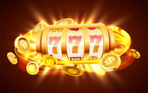Χρυσή κουλοχέρης με ιπτάμενα χρυσά νομίσματα κερδίζει το τζάκποτ. Μεγάλη νίκη έννοια. — Διανυσματικό Αρχείο