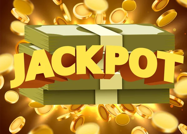 Sinal de jackpot com ouro realista 3D moedas fundo. — Vetor de Stock