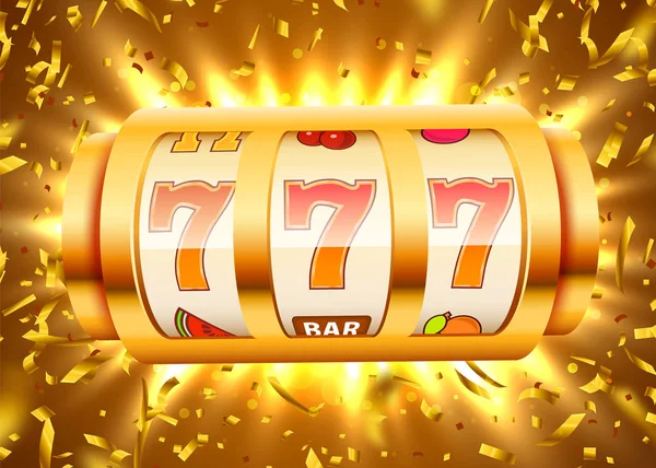 Golden slot machine met Flying Golden confetti wint de jackpot. Big Win concept. — Stockvector