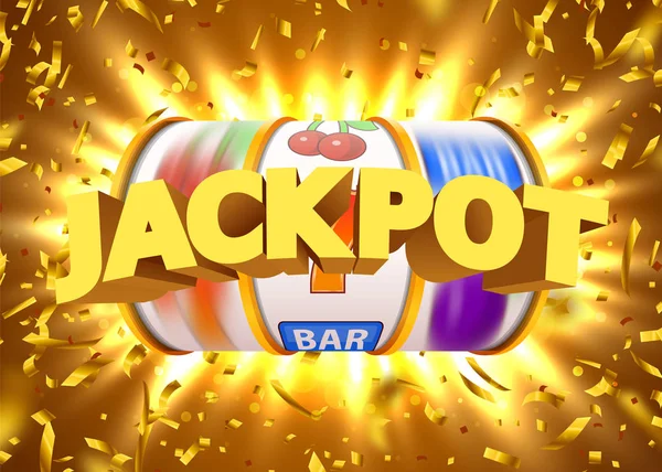 Golden slot machine avec des confettis d'or volant gagne le jackpot. Grand concept de victoire . — Image vectorielle