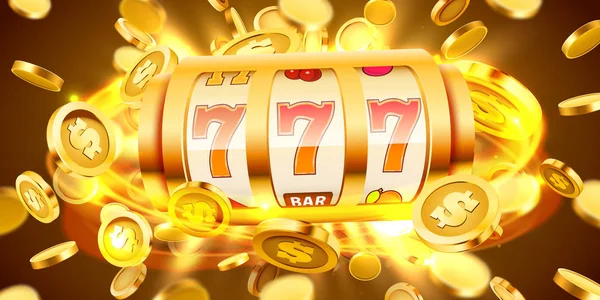 Arany slot machine repülő arany érmék nyerte a főnyereményt. Nagy győzelem koncepció. — Stock Vector