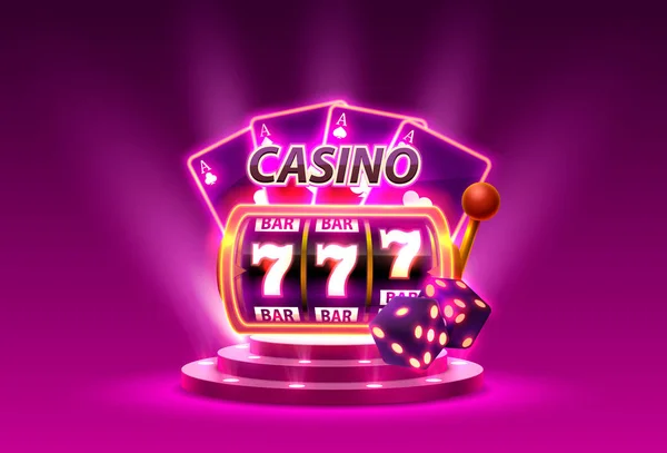 Casino slots 777 ganador de la bandera, podio escena. Vector — Archivo Imágenes Vectoriales