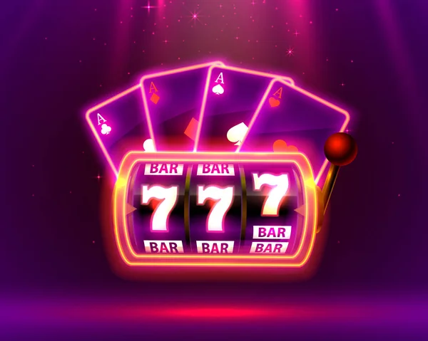 Neonový slot, hrací karty vyhrává jackpot — Stockový vektor