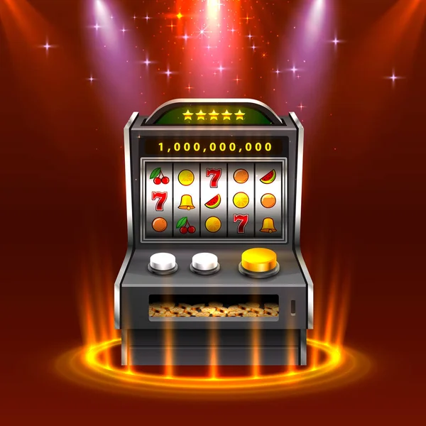 3D Spielautomat gewinnt den Jackpot, isoliert auf glühendem Lampenhintergrund. — Stockvektor