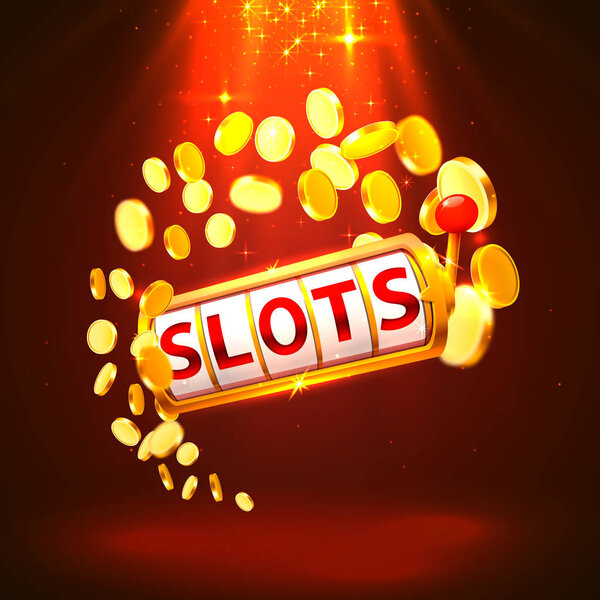 Golden slots machine wins the jackpot. Vector illustration isolated on white background.
