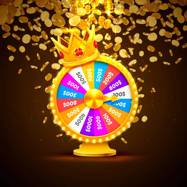 Colorful fortune wheel wins the jackpot. Piles of gold coins. — Stock Vector