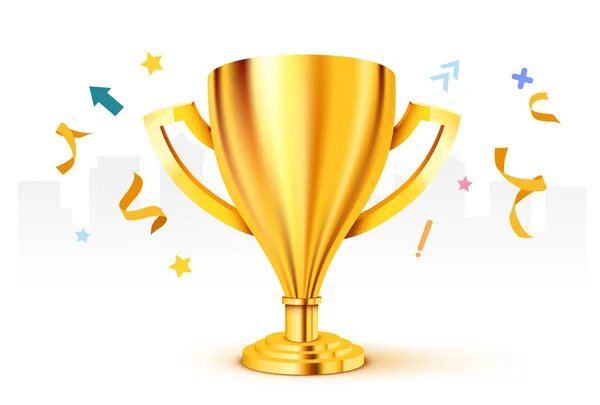 Trophée d'or réaliste avec célébration du prix confetti — Image vectorielle