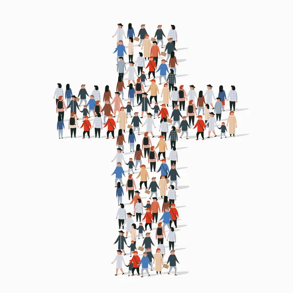 Gran grupo de personas en forma de cruz cristiana . — Vector de stock