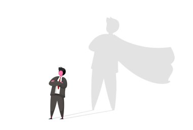 Süper kahraman gölge vektör konsepti ile iş adamı. Hırs, başarı, motivasyon, liderlik, cesaret ve meydan okuma iş sembolü.