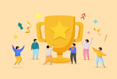 İş Takımı Başarı, Başarı Kavramı. Ödül, Altın Kupa ile Flat People Karakterler. Ofis Çalışanları Büyük Kupa ile Kutluyor.