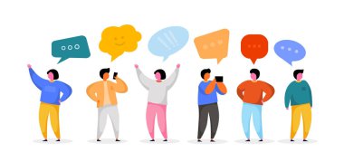 Sosyal Ağ Şablonu. Grup Genç Karakterler Sohbet ve konuşma. Sanal İletişim Kavramı.