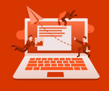 Küçük insanlar doin Ui ve Ux tasarım veya online sohbet uygulaması grubu. Sunum, web, banner, açılış sayfası şablonu için kullanılabilir.