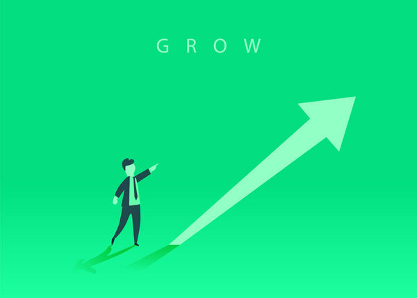 Concept of business growth with an upward arrow and a businessman showing the direction. Symbol of success, achievement.