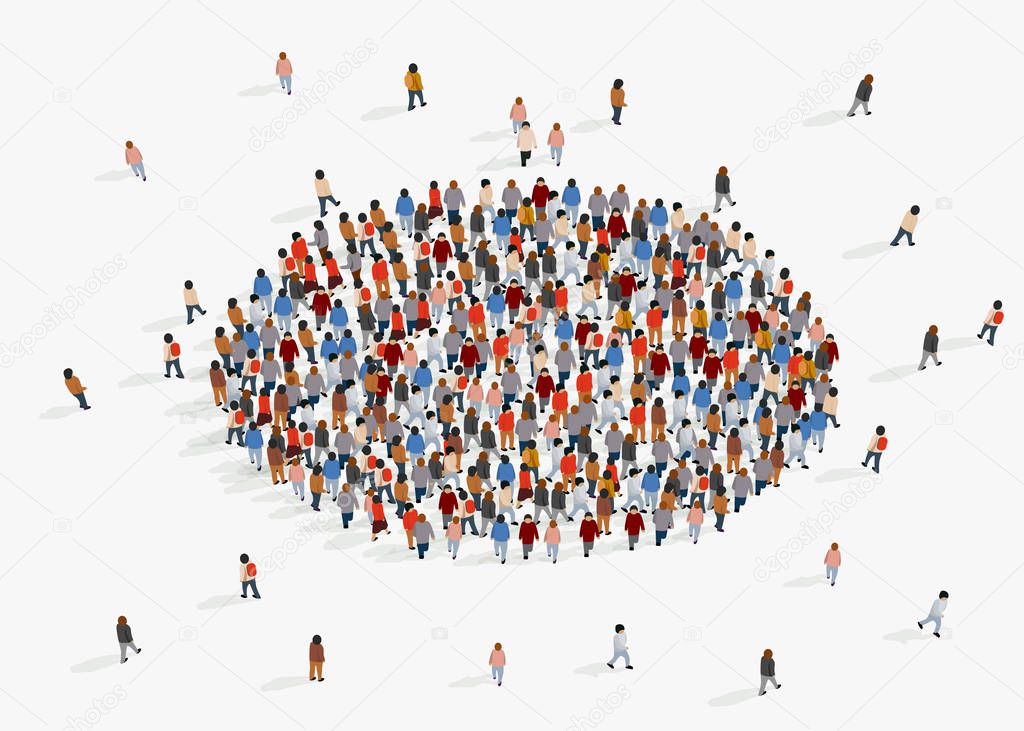 Template for advertising brochure with people crowd in shape of circle.