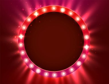 Parlayan parlak ampuller ile yuvarlak çerçeve. Parlayan parti afişi. Piyango, casino, poker, rulet için lambalar sınır ile Signboard.