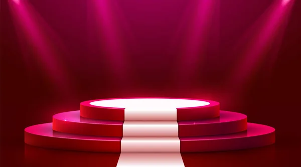 Abstract rond podium met wit tapijt verlicht met Spotlight. Prijsuitreiking concept. Podium achtergrond. — Stockvector