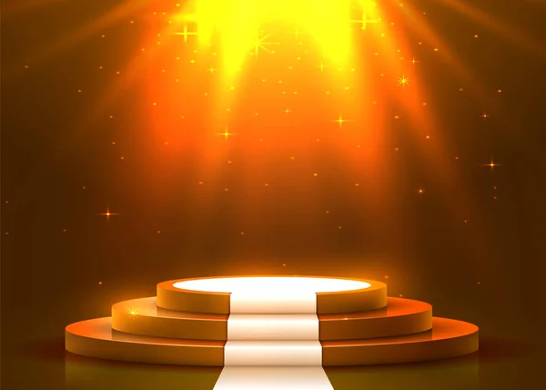 Podium rond abstrait avec tapis blanc illuminé avec projecteur. Concept de cérémonie de remise des prix. Contexte de la scène . — Image vectorielle