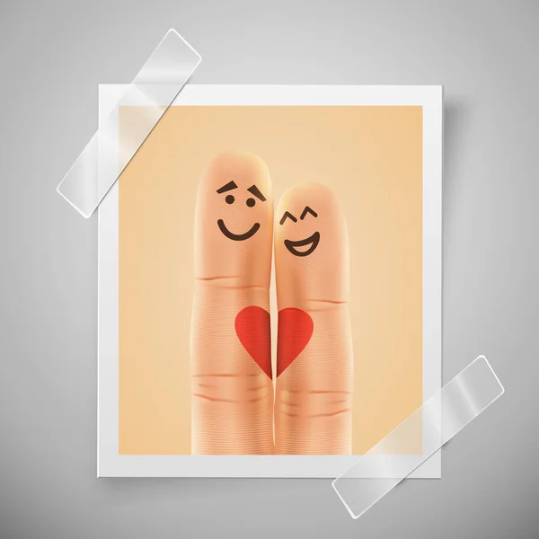 Moderna cornice verticale amore motivo moderno. Un paio di dita felici sorridono innamorate. Volantino della sessione fotografica o inviti di nozze con le dita selfie . — Vettoriale Stock