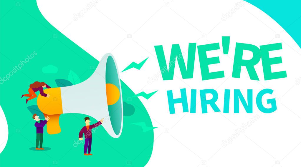 Small cartoon people with megaphone banner. We are hiring. Employer concept.