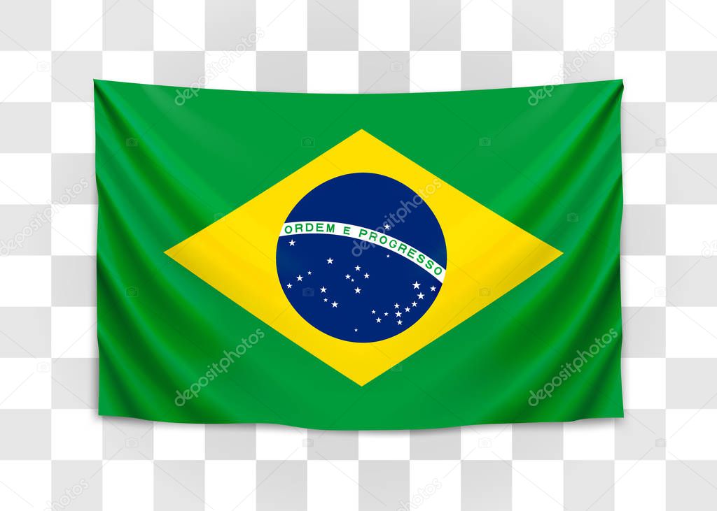 Hanging flag of Brazil. Federative Republic of Brazil. Brazilian national flag concept.