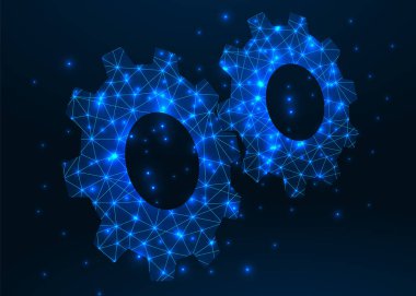 Dişli. Soyut vektör tel kafes dişli 3d karanlık arka plan üzerinde modern illüstrasyon. Mekanik teknoloji makine mühendisliği sembolü. Endüstri nin geliştirilmesi, motor çalışması, iş çözümü konsepti.