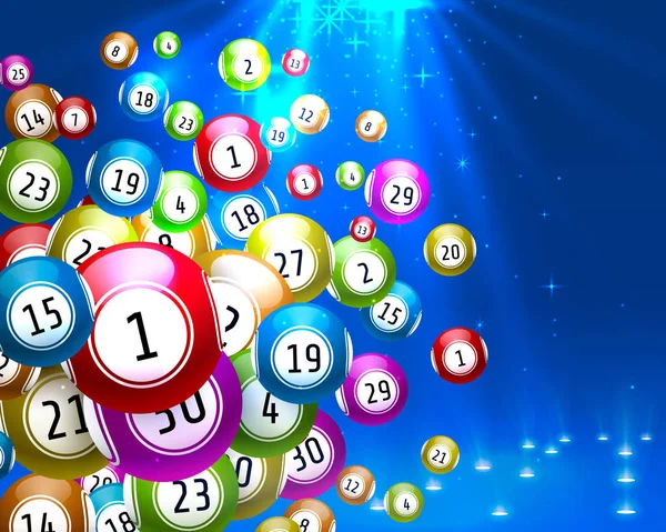 Lotteriespiel, Kugeln mit Zahlen, auf farbigem Hintergrund. — Stockvektor