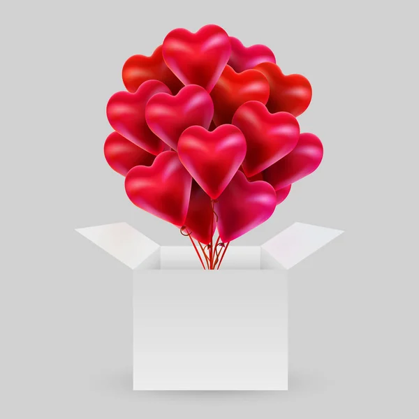 開いた箱が付いている心臓の形の風船の束。バレンタインデー愛の概念. — ストックベクタ