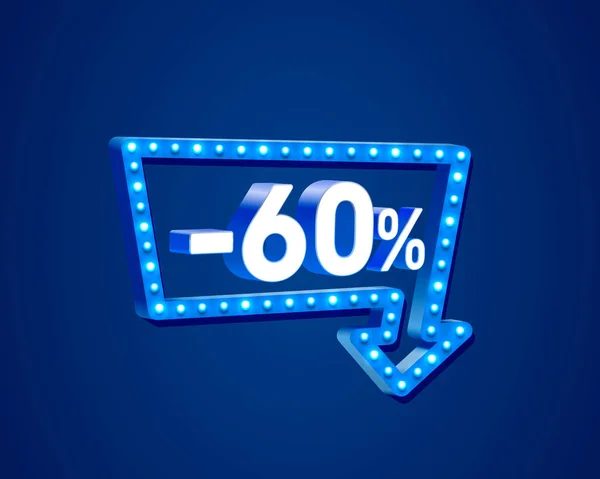 Banner 60 le részvény kedvezmény százalék, neon jelzőtábla nyíl. — Stock Vector