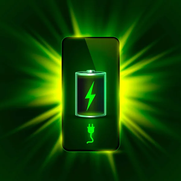 Lemerült és teljesen feltöltött akkumulátoros telefon. zöld háttér — Stock Vector