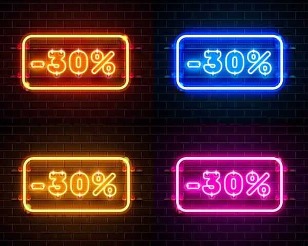 Neon 30 off text banner color set. Nachtzeichen. Vektor — Stockvektor