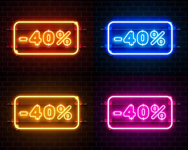 Neon 40 off text banner color set. Night Sign. Vector — Stock Vector