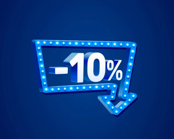 Banner 10 off with share discount percentage, neon signboard arrow. — Stock Vector