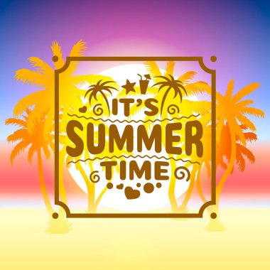 Yaz saati, tatil kapağı afiş tasarımı, gökyüzü arka plan elemanları.