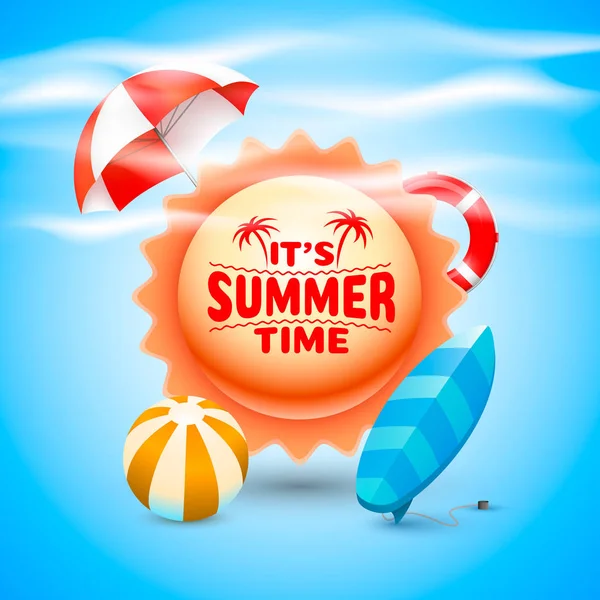 Hora de verão, design de banner de cobertura de férias, elementos no fundo do céu . — Vetor de Stock