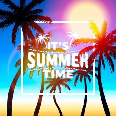 Yaz saati, tatil kapağı afiş tasarımı, gökyüzü arka plan elemanları.