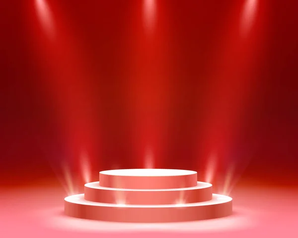 Pódium s osvětlením, scéna pódium scény s pro slavnostní ocenění na červeném pozadí. — Stockový vektor