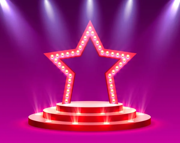 Star podium with lighting, Stage Podium Scene with for Award Ceremony on red Background — Stock Vector