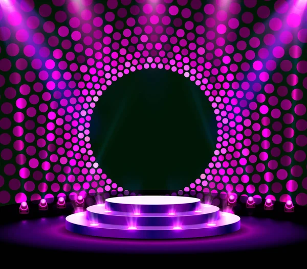 Bühne Podium mit Beleuchtung, Bühne Podiumsszene mit Preisverleihung auf violettem Hintergrund. — Stockvektor