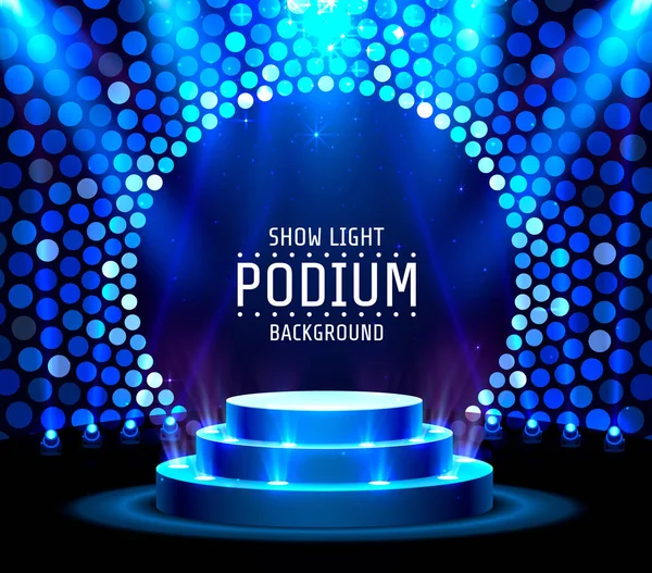 Podiumpodium met verlichting, Podiumpodium met voor prijsuitreiking op blauwe achtergrond. — Stockvector