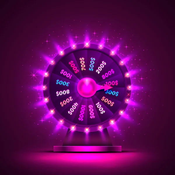 Kasino neonové kolo s pestrým štěstím. fialové pozadí. — Stockový vektor