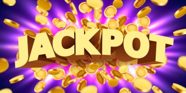 Altın gerçekçi 3D madeni paralarla büyük ikramiye işareti.