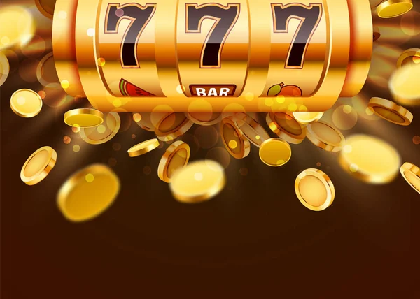 La machine à sous d'or avec des pièces d'or volantes gagne le jackpot. Grand concept de victoire . — Image vectorielle
