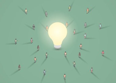 Bir grup insan bir ampul için yürüyüş. Beyin fırtınası, ilham, fikir iş kavramı.