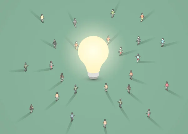 Eine Gruppe von Menschen zu Fuß zu einer Glühbirne. Brainstorming, Inspiration, Geschäftsidee. — Stockvektor