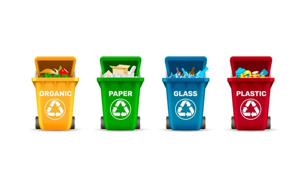 Cubos de basura, clasificación de residuos, vidrio plástico orgánico y papel, un conjunto de contenedores de colores — Archivo Imágenes Vectoriales