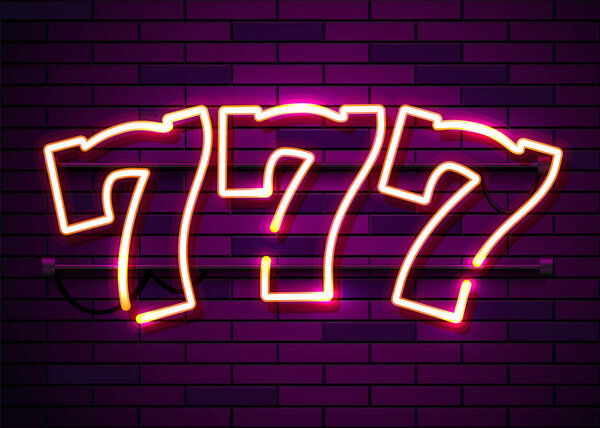 Neon 777 slots sign. Casino neon signboard. Online casino concept.