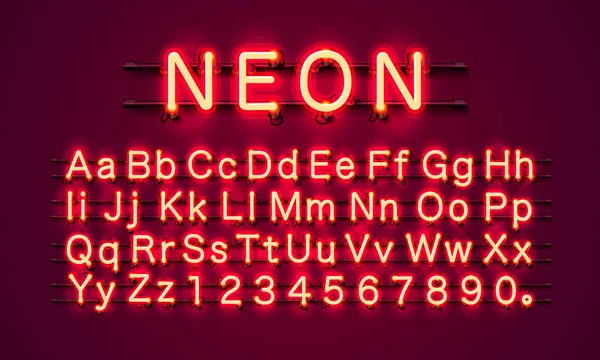 Neon Stadt Farbe rote Schrift. deutsches Alphabet und Zahlenzeichen. — Stockvektor