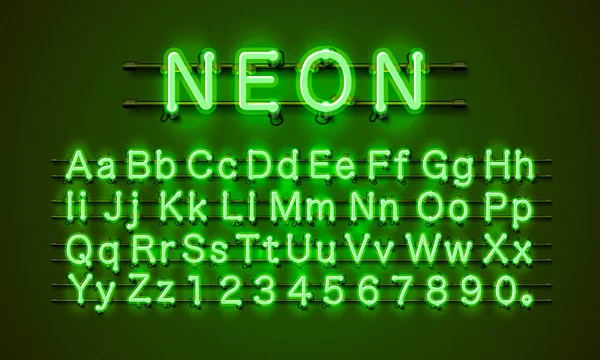 Город неоновых шрифтов. Неоновый зеленый шрифт. Зеленый светильник. Алфавитный шрифт . — стоковый вектор