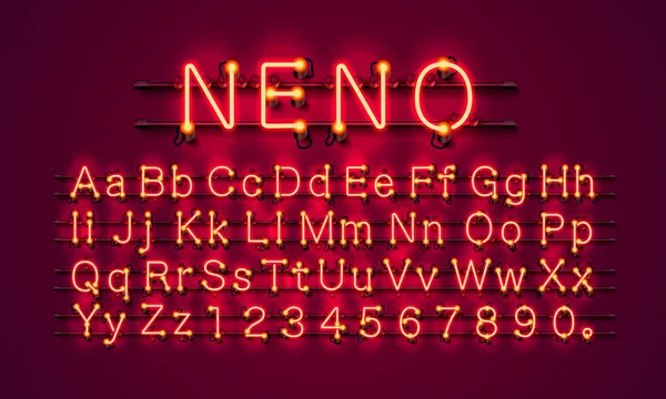 Neon stad kleur rood lettertype. Engels alfabet en getallen ondertekenen. — Stockvector